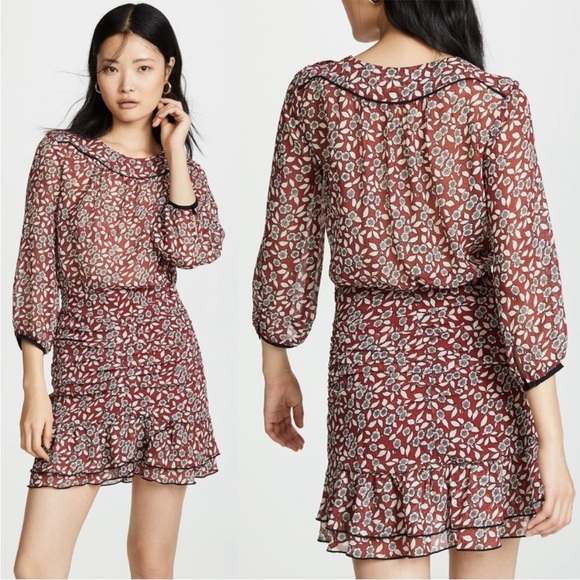 ba&sh Billy ruched Red and White Sheath Dress with Peter Pan Collar - Picture 1 of 13